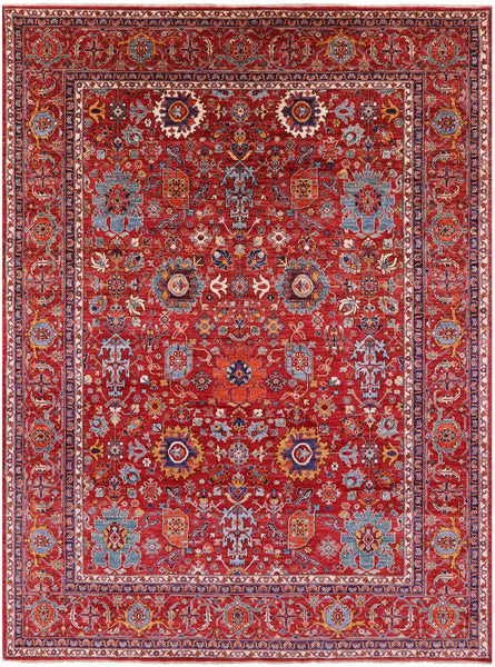 Red Persian Fine Serapi Hand Knotted Wool Rug - 8' 10" X 12' 1" - Golden Nile