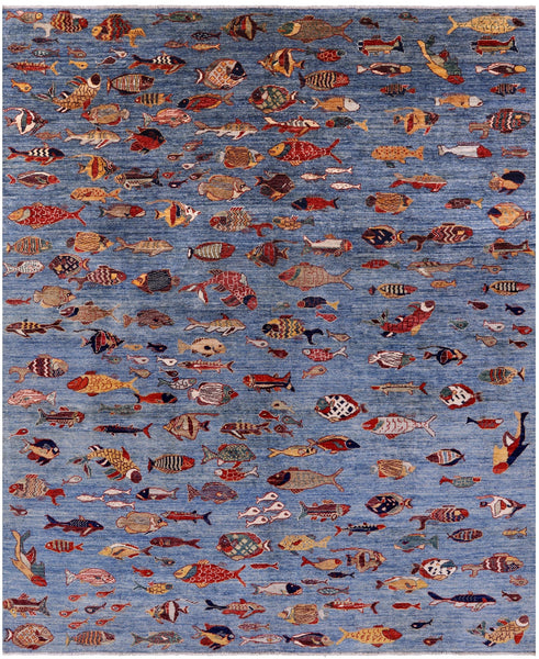 Blue Fish Design Persian Gabbeh Handmade Wool Rug - 8' 1" X 9' 7" - Golden Nile