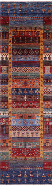 Tribal Persian Gabbeh Hand Knotted Wool Runner Rug - 2' 8" X 9' 9" - Golden Nile