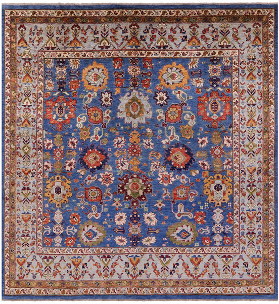 Blue Square Persian Fine Serapi Hand Knotted Wool Rug - 8' 11" X 9' 4" - Golden Nile