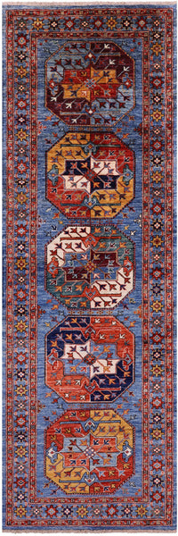 Blue Turkmen Ersari Hand Knotted Wool Runner Rug - 2' 8" X 8' 3" - Golden Nile
