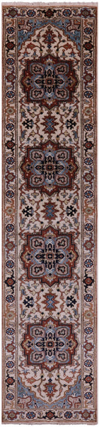 Ivory Persian Fine Serapi Hand Knotted Wool Runner Rug - 2' 7" X 11' 9" - Golden Nile