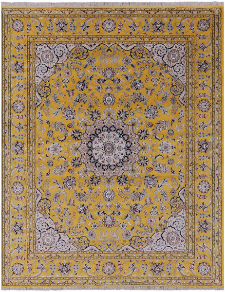 Gold Persian Nain Handmade Wool & Silk Rug - 7' 10" X 10' 0" - Golden Nile