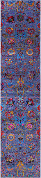 Blue Persian Tabriz Hand Knotted Wool & Silk Runner Rug - 2' 7" X 11' 9" - Golden Nile