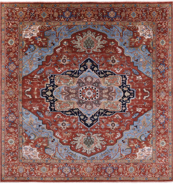 Rust Square Geometric Heriz Serapi Hand Knotted Wool Rug - 10' 10" X 11' 0" - Golden Nile