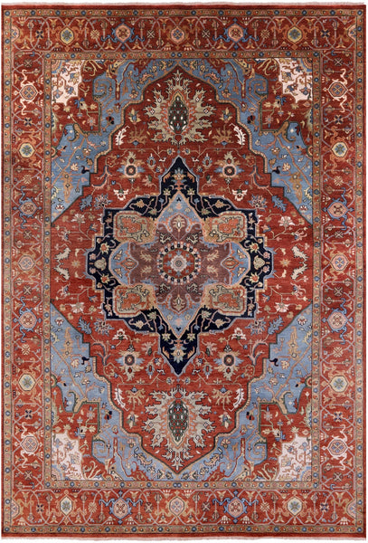 Rust Geometric Heriz Serapi Handmade Wool Rug - 9' 8" X 13' 10" - Golden Nile
