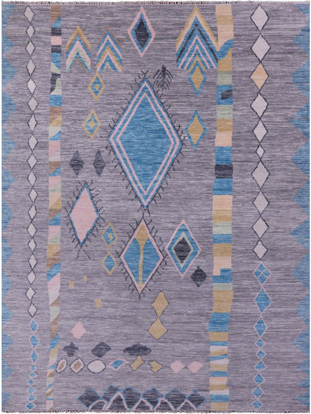 Grey Tribal Moroccan Hand Knotted Wool Rug - 9' 1" X 11' 11" - Golden Nile