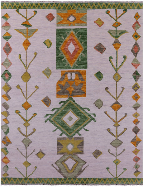 Ivory Tribal Moroccan Hand Knotted Wool Rug - 7' 11" X 10' 3" - Golden Nile