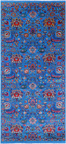 Blue Persian Tabriz Handmade Wool & Silk Rug - 5' 1" X 11' 6" - Golden Nile