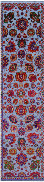 Blue Persian Tabriz Hand Knotted Wool & Silk Runner Rug - 2' 6" X 10' 3" - Golden Nile