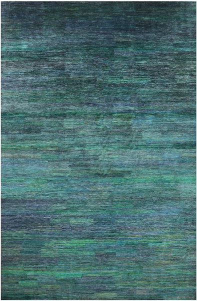 Green Savannah Grass Hand Knotted Wool & Silk Rug - 12' 0" X 19' 0" - Golden Nile