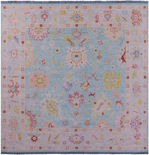 Blue Square Turkish Oushak Hand Knotted Wool Rug - 9' 11" X 9' 11" - Golden Nile