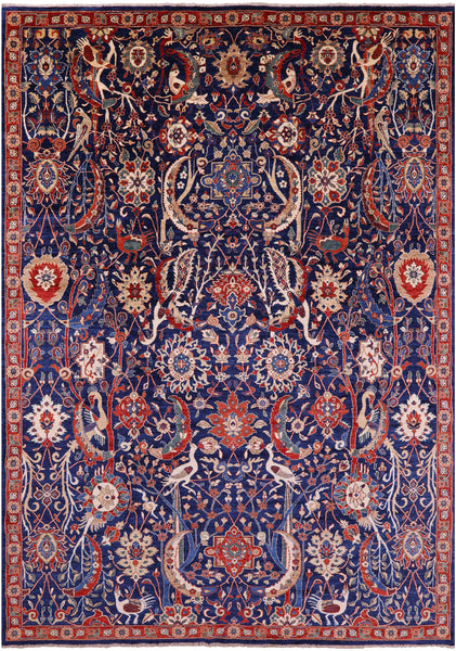 Blue Exotic Birds Persian Fine Serapi Hand Knotted Wool Rug - 9' 10" X 13' 9" - Golden Nile
