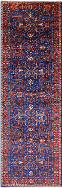 Blue Persian Fine Serapi Hand Knotted Wool Runner Rug - 3' 11" X 12' 0" - Golden Nile