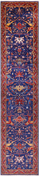 Blue Persian Fine Serapi Hand Knotted Wool Runner Rug - 2' 9" X 12' 11" - Golden Nile