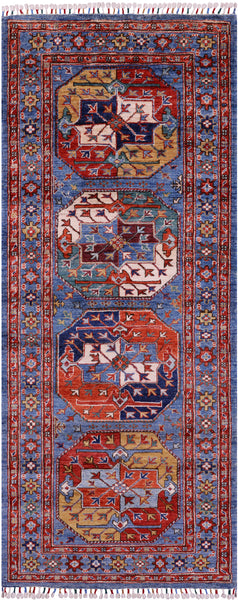 Blue Turkmen Ersari Hand Knotted Wool Runner Rug - 2' 9" X 6' 9" - Golden Nile