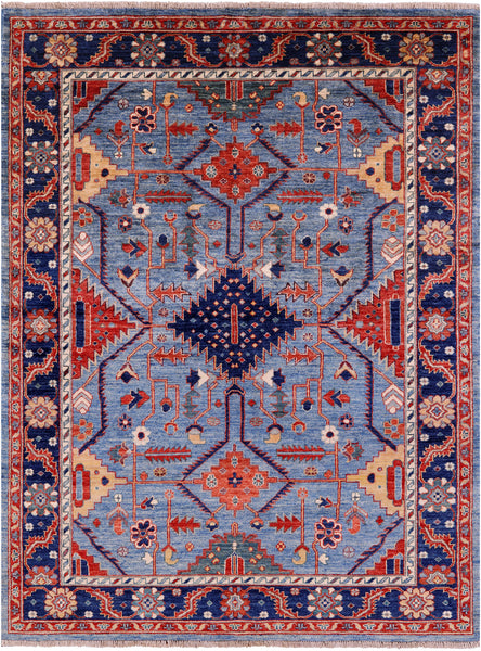 Blue Persian Fine Serapi Hand Knotted Wool Rug - 5' 0" X 6' 7" - Golden Nile