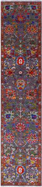 Grey Persian Tabriz Hand Knotted Wool & Silk Runner Rug - 2' 6" X 11' 7" - Golden Nile