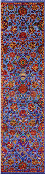 Blue Persian Tabriz Hand Knotted Wool & Silk Runner Rug - 2' 7" X 10' 2" - Golden Nile