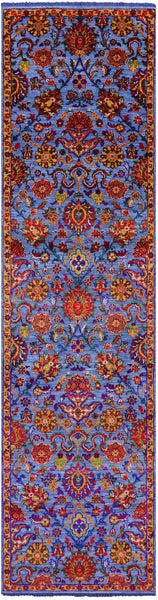 Blue Persian Tabriz Hand Knotted Wool & Silk Runner Rug - 2' 7" X 10' 2" - Golden Nile