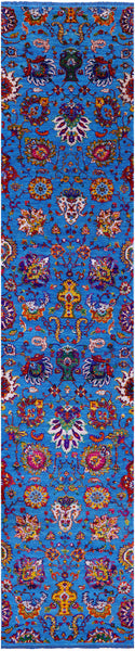 Blue Persian Tabriz Hand Knotted Wool & Silk Runner Rug - 2' 7" X 12' 6" - Golden Nile