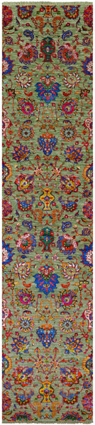 Green Tabriz Hand Knotted Wool & Silk Runner Rug - 2' 6" X 11' 10" - Golden Nile