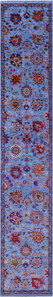 Blue Persian Tabriz Handmade Wool & Silk Runner Rug - 2' 6" X 14' 0" - Golden Nile