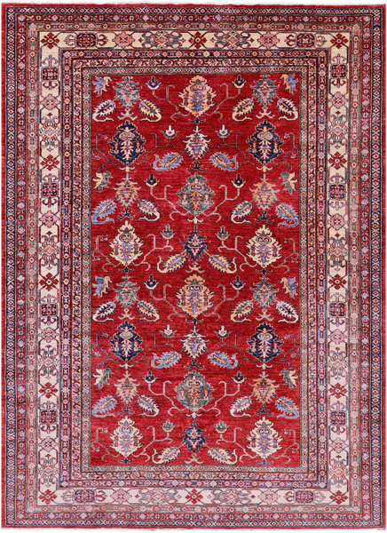 Red Super Kazak Hand Knotted Wool Rug - 7' 0" X 9' 8" - Golden Nile