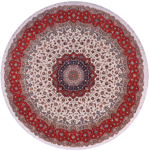 Round Persian Tabriz Hand Knotted Wool & Silk Rug - 9' 8" X 9' 8" - Golden Nile