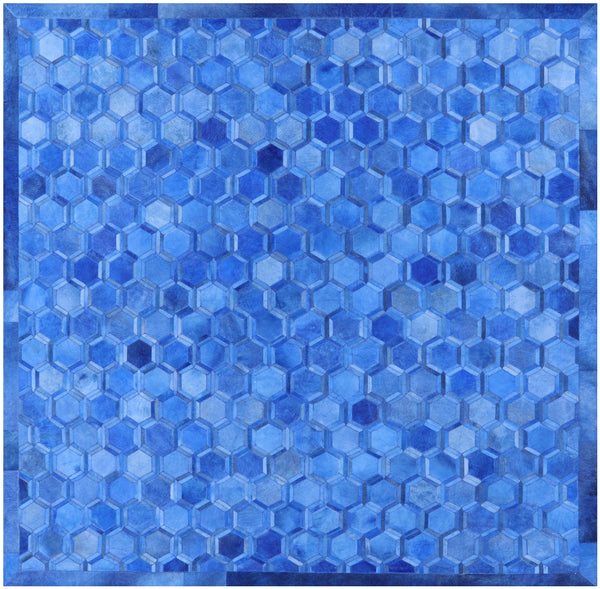 Blue Square Natural Cowhide Hand Stitched Patchwork Rug - 10' 0" X 10' 0" - Golden Nile