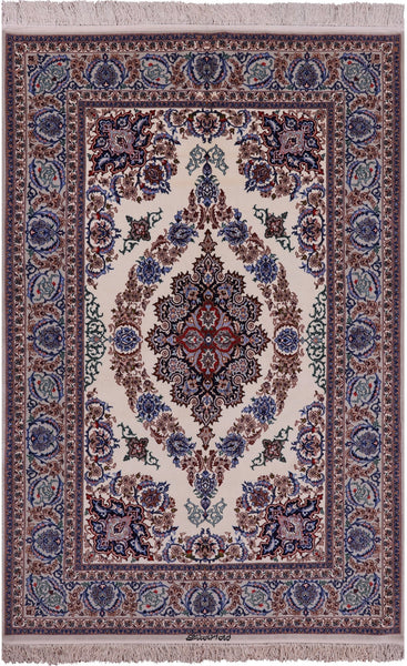 Ivory Persian Isfahan Signed Wool & Silk Rug - 5' 2" X 7' 9" - Golden Nile