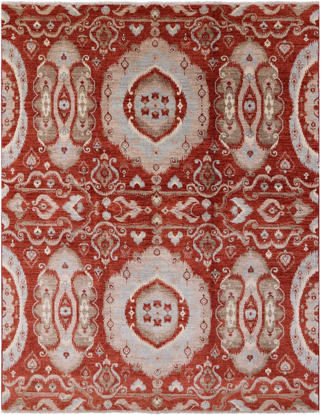 Red Ikat Hand Knotted Wool Rug - 8' 3" X 10' 3" - Golden Nile