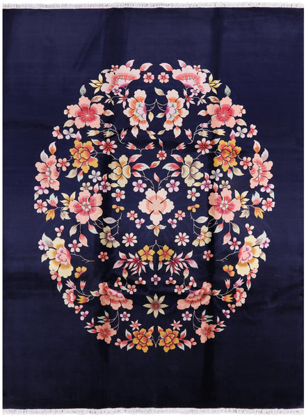 Navy Blue Floral Hand Knotted Wool Area Rug - 9' 0" X 12' 0" - Golden Nile