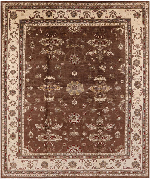 Brown Peshawar Hand Knotted Wool Area Rug - 8' 0" X 9' 7" - Golden Nile