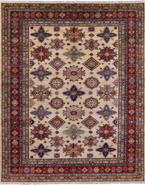 Ivory Super Kazak Hand Knotted Wool Area Rug - 7' 10" X 9' 11" - Golden Nile