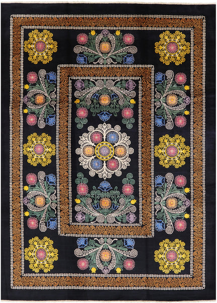 Black William Morris Hand Knotted Wool Area Rug - 9' 1" X 12' 4" - Golden Nile