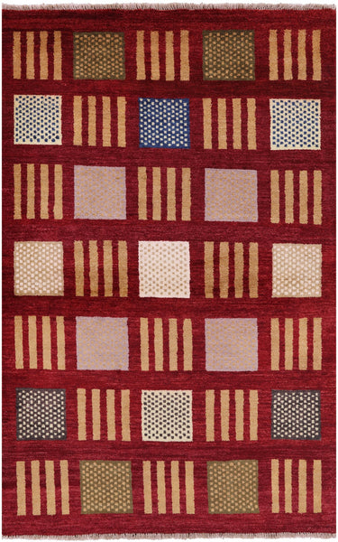Red Tribal Gabbeh Hand Knotted Wool Rug - 4' 2" X 6' 4" - Golden Nile