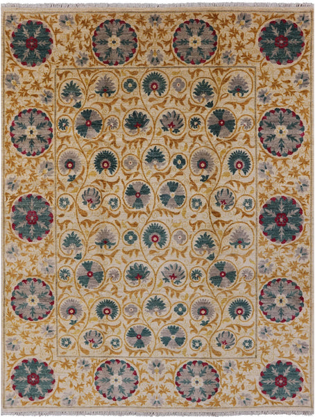 Ivory William Morris Hand Knotted Wool Area Rug - 8' 2" X 10' 5" - Golden Nile