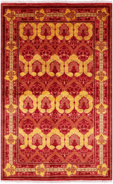 Red William Morris Hand Knotted Wool Area Rug - 5' 0" X 7' 9" - Golden Nile