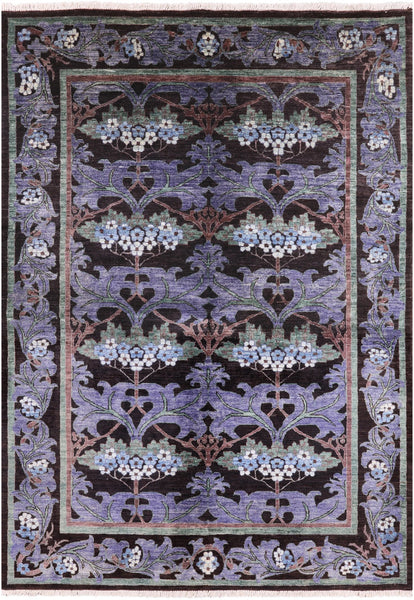 Black William Morris Handmade Wool Area Rug - 6' 4" X 8' 10" - Golden Nile