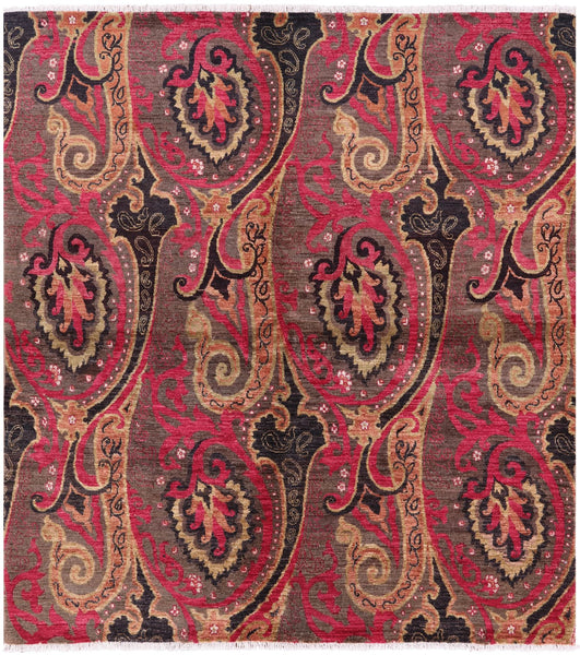 Square William Morris Hand Knotted Wool Rug - 5' 10" X 6' 6" - Golden Nile