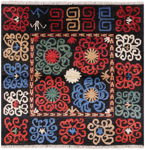 Black Square Ikat Hand Knotted Wool Area Rug - 5' 1" X 5' 2" - Golden Nile