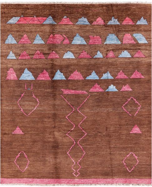 Brown Tribal Moroccan Navajo Design Handmade Wool Rug - 8' 2" X 9' 9" - Golden Nile