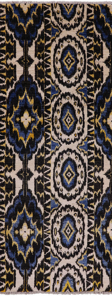 Ikat Hand Knotted Wool Runner Rug - 4' 0" X 10' 5" - Golden Nile