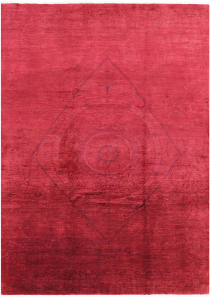 Red Full Pile Overdyed Hand Knotted Rug - 9' 7" X 13' 6" - Golden Nile
