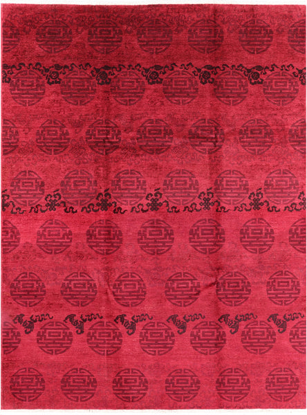 Red Full Pile Overdyed Handmade Wool Rug - 9' 1" X 12' 1" - Golden Nile