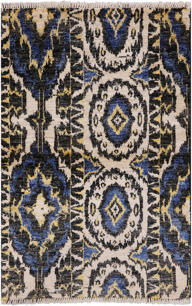 Ikat Hand Knotted Wool Area Rug - 4' 0" X 5' 10" - Golden Nile