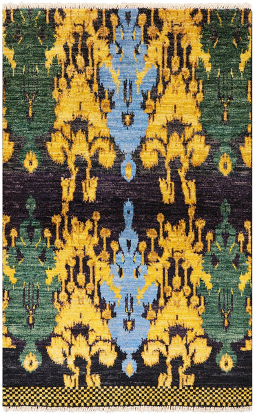 Ikat Hand Knotted Wool Area Rug - 4' 2" X 6' 7" - Golden Nile