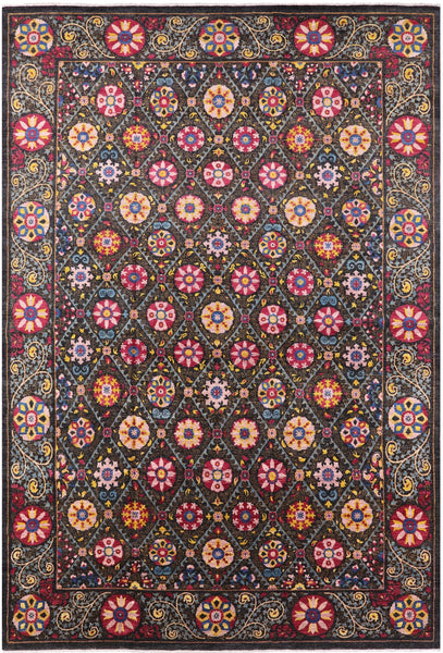 Black William Morris Hand Knotted Area Rug - 12' 0" X 17' 3" - Golden Nile