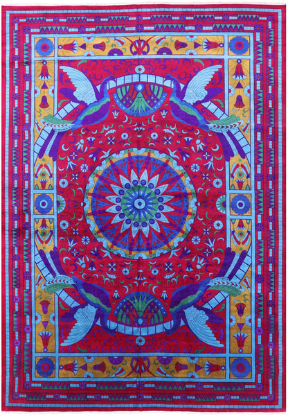 Red Peacock William Morris Hand Knotted Wool Area Rug - 12' 2" X 17' 0" - Golden Nile